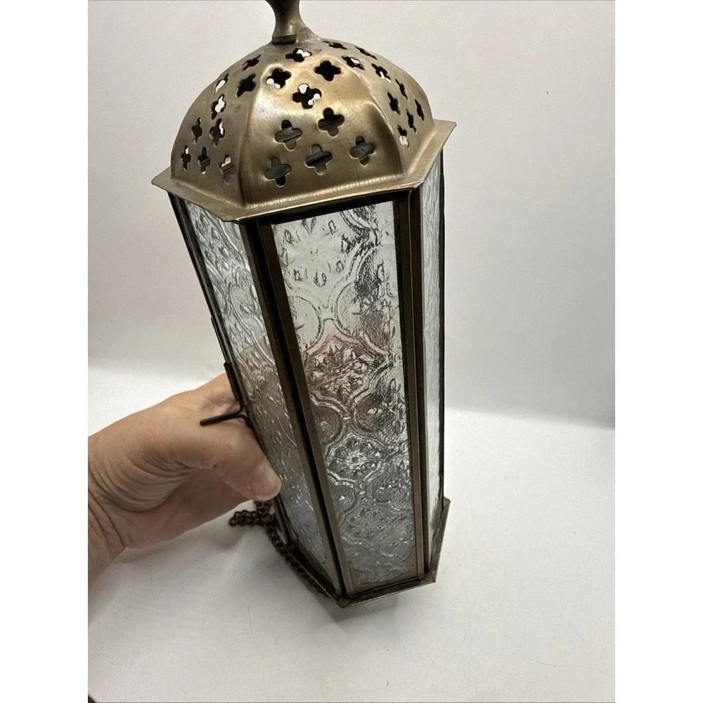 VTG Moroccan Hanging Lantern Clear Embossed Glass Brass 10.5